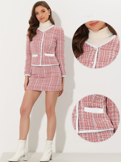 2 Piece Outfits Plaid Tweed Short Blazer Jacket Skirt Suit Set