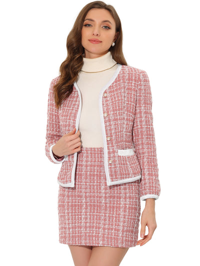 2 Piece Outfits Plaid Tweed Short Blazer Jacket Skirt Suit Set