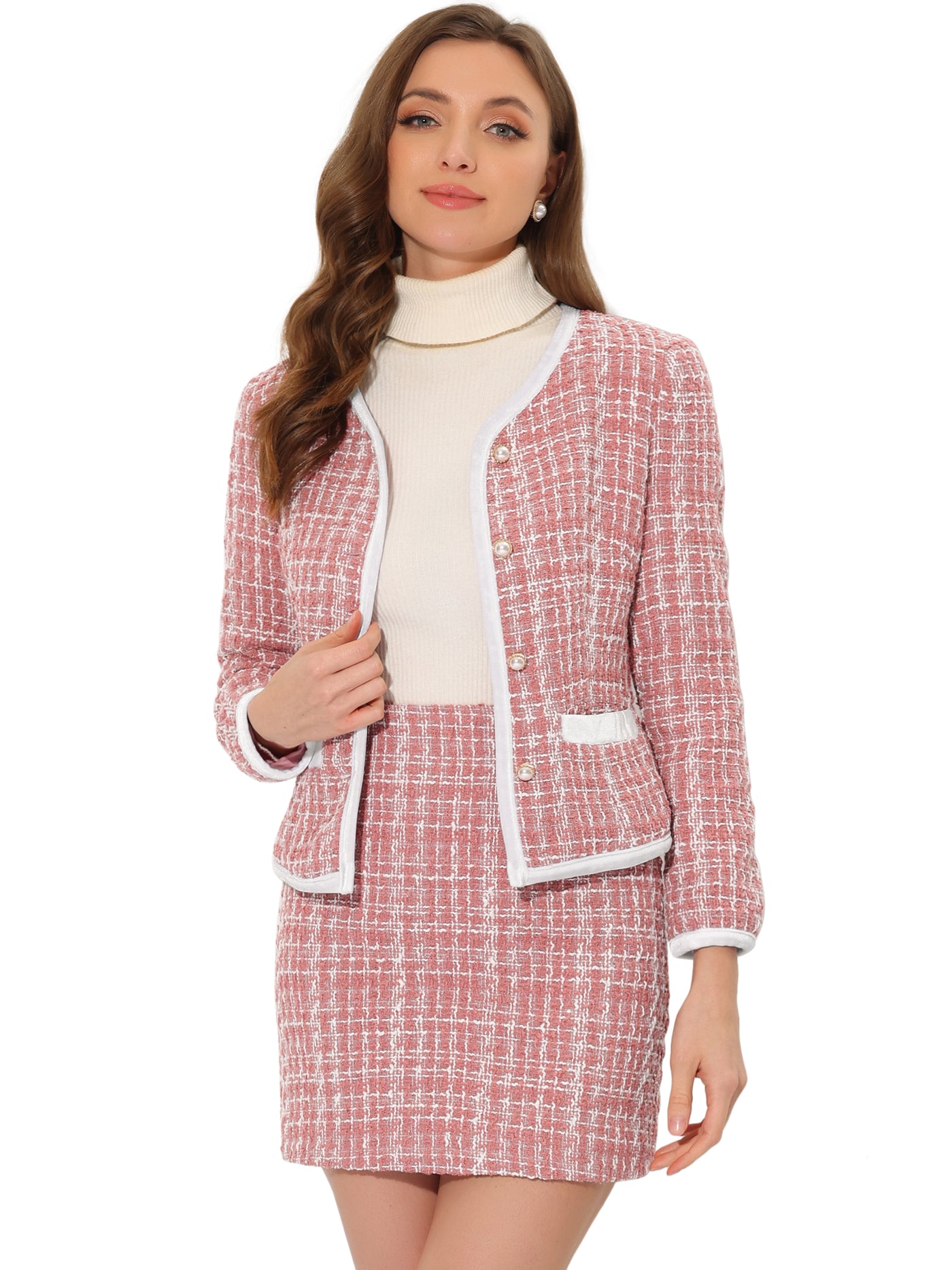 Allegra K 2 Piece Outfits Plaid Tweed Short Blazer Jacket Skirt Suit Set