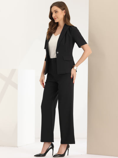 Allegra K 2 Piece One Button Short Sleeve Blazer Jacket and Suit Pants Office Suit Set
