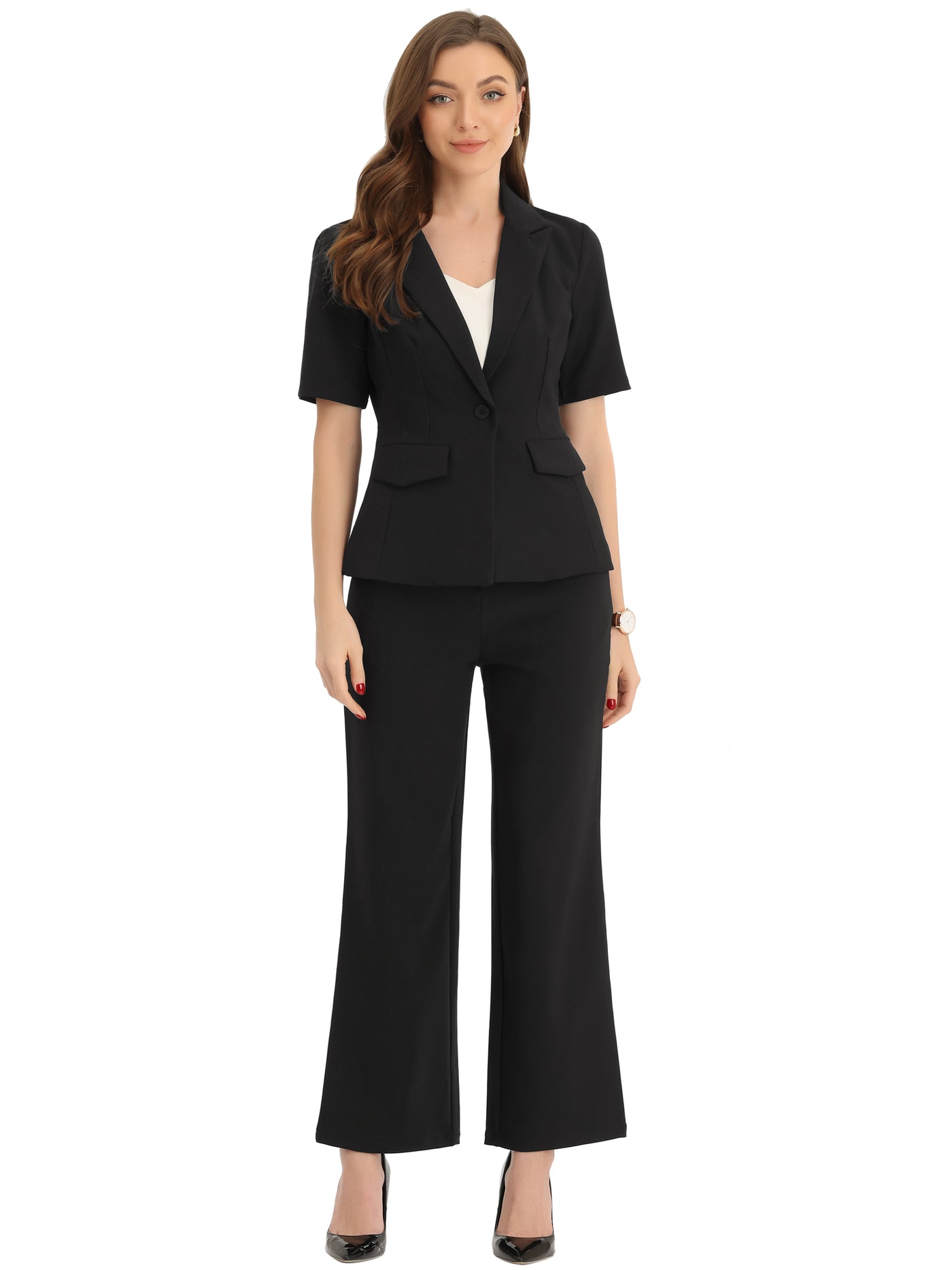 Allegra K 2 Piece Outfits for Women's Business Office Suit Set One Button Short Sleeve Blazer Jacket and Suit Pants
