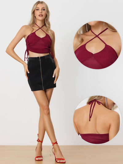 Glitter Halter Neck Sleeveless Sheer Sexy Club Party Cropped Top