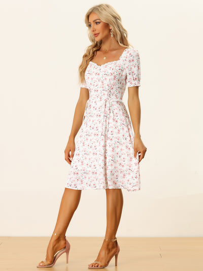 Floral Lace Up Smocked Back Ruffle Summer A-Line Midi Dress