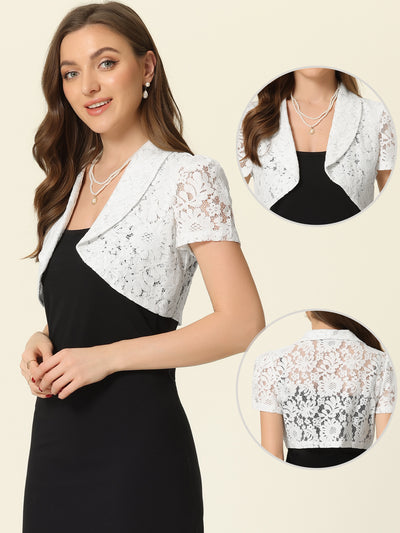 Floral Lace Lapel Collar Short Sleeves Elegant Bolero Shrug