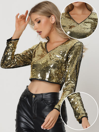 Sequin Long Sleeve V Neck Sparkly Shiny Crop Top Blouse