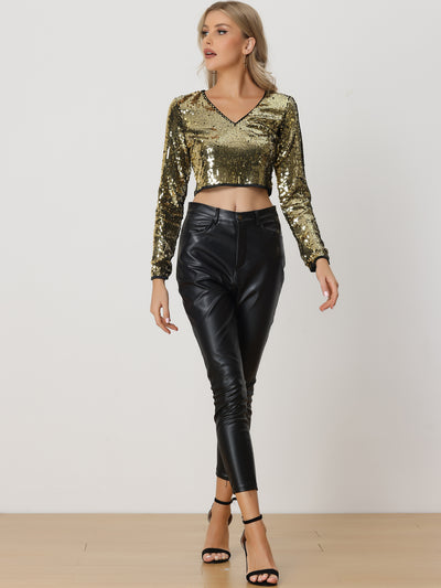 Sequin Long Sleeve V Neck Sparkly Shiny Crop Top Blouse