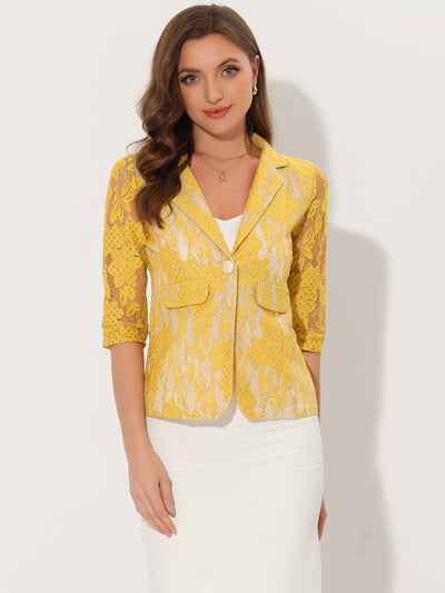 Bussiness Casual Floral Lace 3/4 Sleeve Single Button Blazer