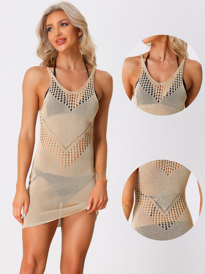Allegra K Crochet Hollow Out Bikini Knit Beach Swimsuits Cover Ups Dress