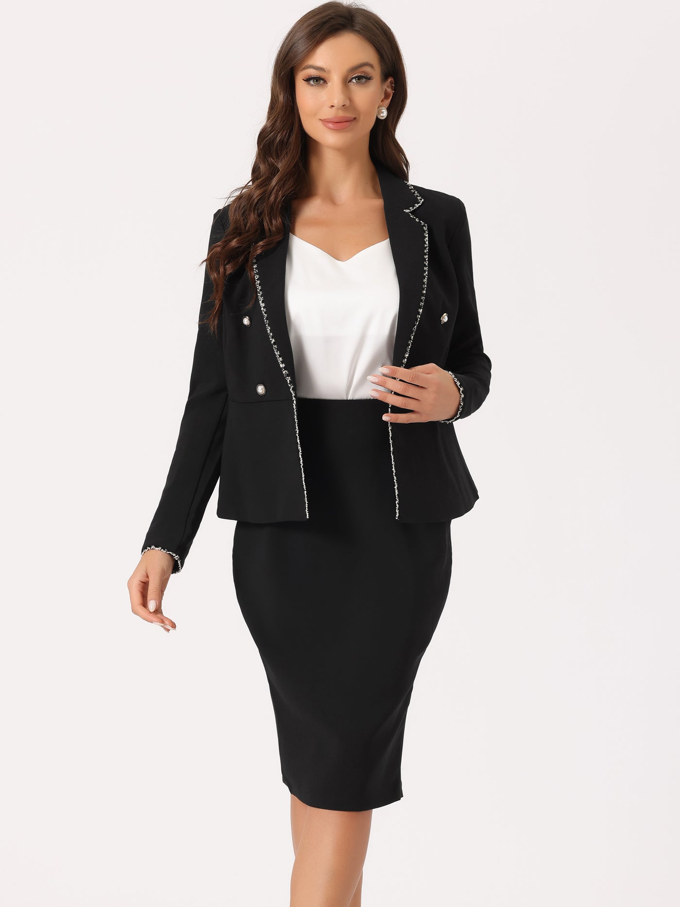 Allegra K Business Suit 2 Pieces Tweed Trim Blazer Jacket and Skirt Set