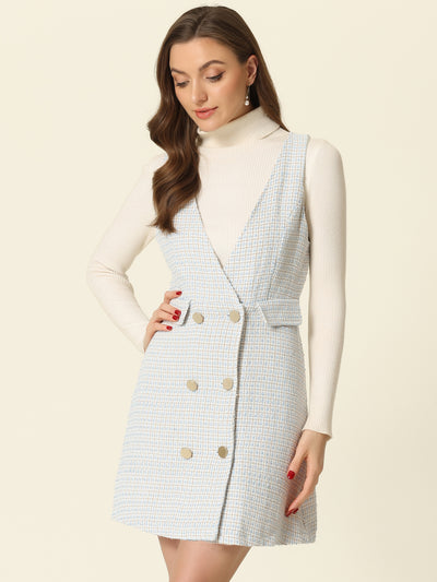 Elegant Button Front V Neck Plaid Tweed Overalls Pinafore Dress