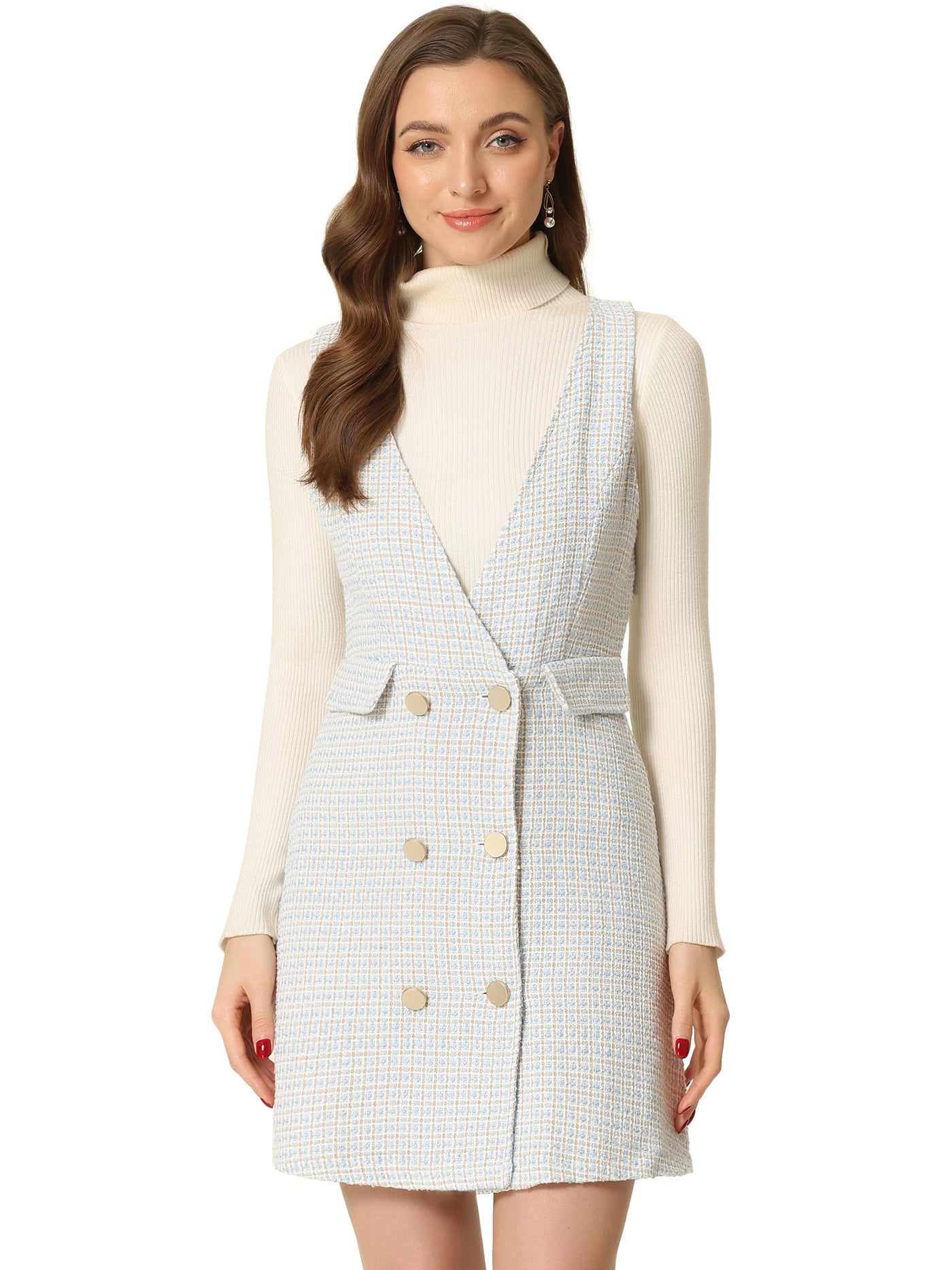 Allegra K Elegant Button Front V Neck Plaid Tweed Overalls Pinafore Dress