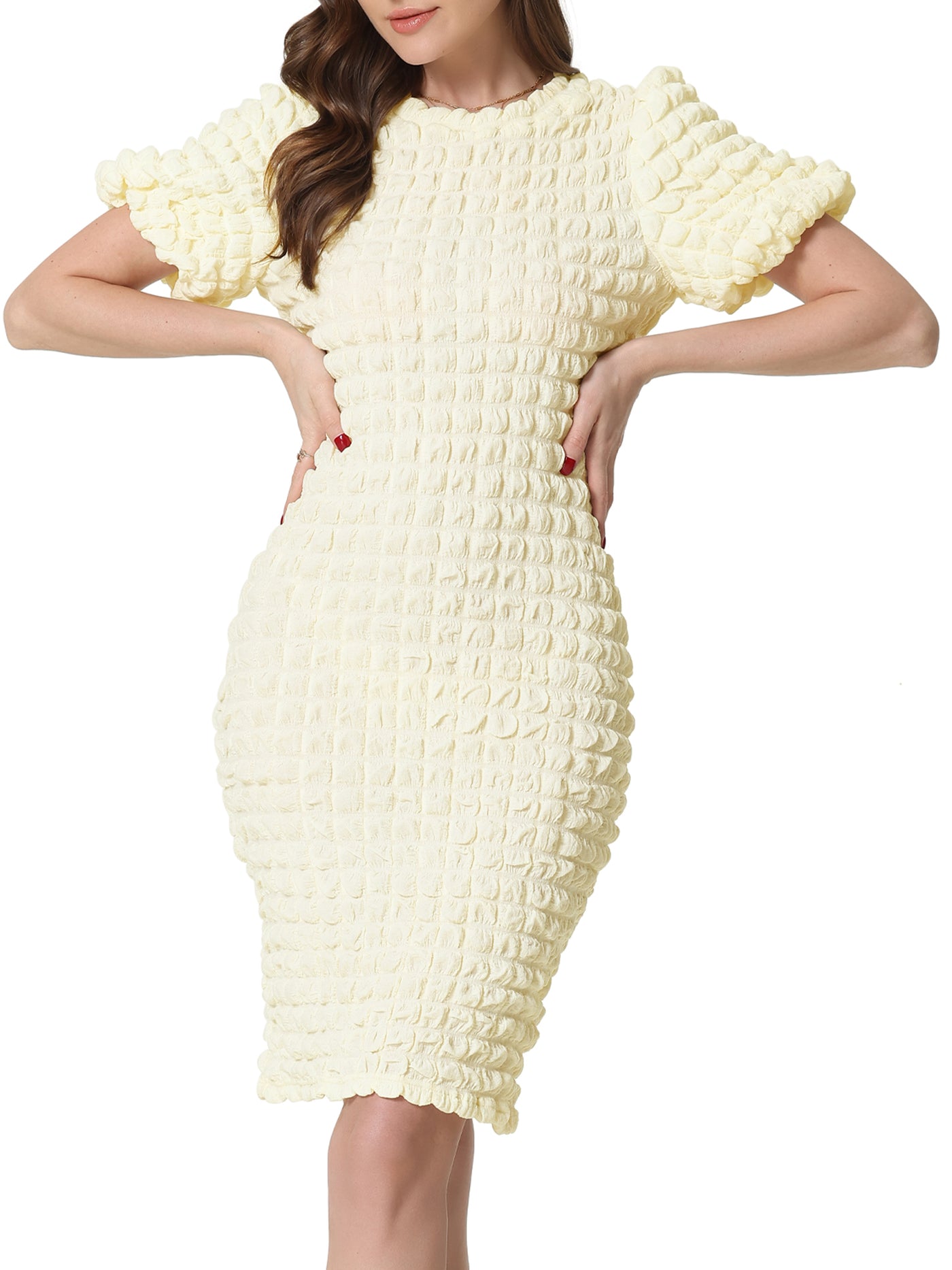 Allegra K Summer Puff Sleeve Cute Elegant Party Midi Popcorn Dress