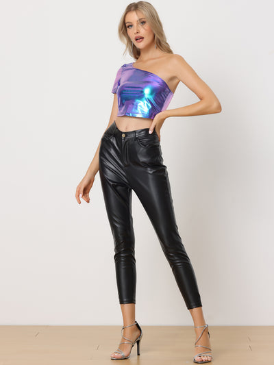 Allegra K One Shoulder Shinny Holographic Clubwear Party Metallic Crop Top