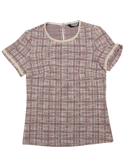 Tweed Short Sleeve Top Casual Round Neck Pearl Decoration Blouse