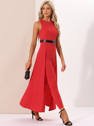 Solid Sleeveless Belted High-Waist Overlay Swing Jumpsuit