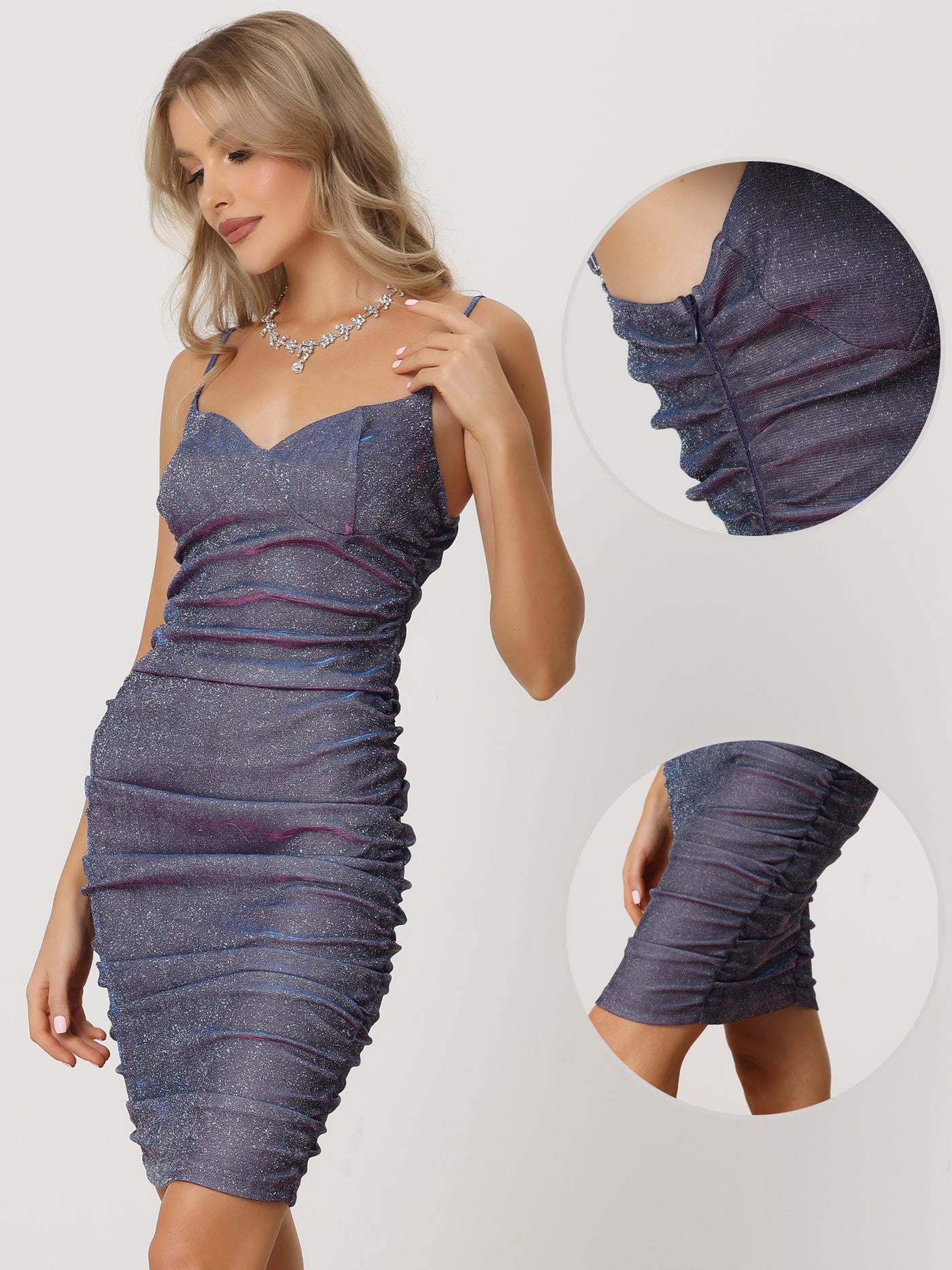 Allegra K Ruched Sparkly Glitter Spaghetti Straps Bodycon Mini Dress