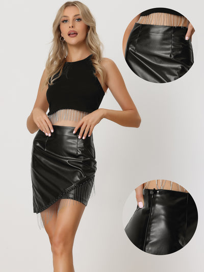 Allegra K Bead Chain Tassel Asymmetrical Hem Bodycon Mini Leather Skirt