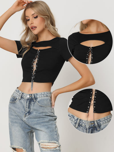 Lace Up Front Cut Out Rib-knit Contrast Stitch Cropped Top