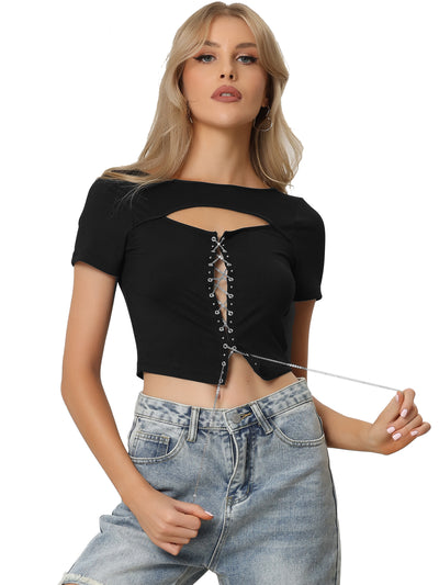 Lace Up Front Cut Out Rib-knit Contrast Stitch Cropped Top