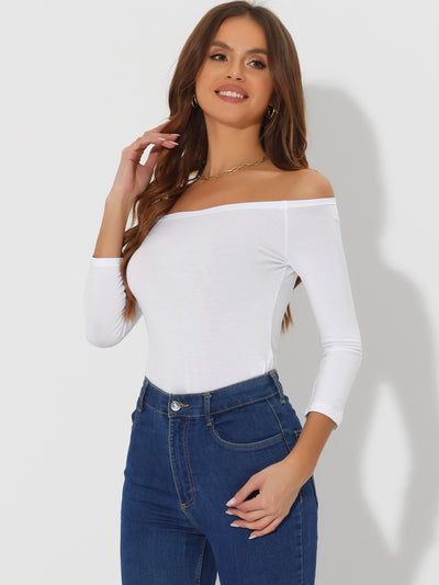 Off Shoulder 3/4 Sleeves Solid Color Casual Blouse Tops