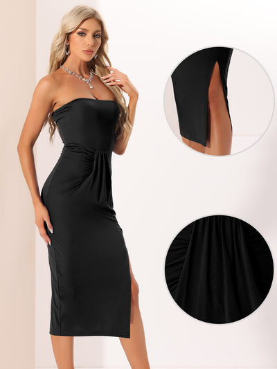Strapless Side Split Ruched Wrap Party Cocktail Midi Dress
