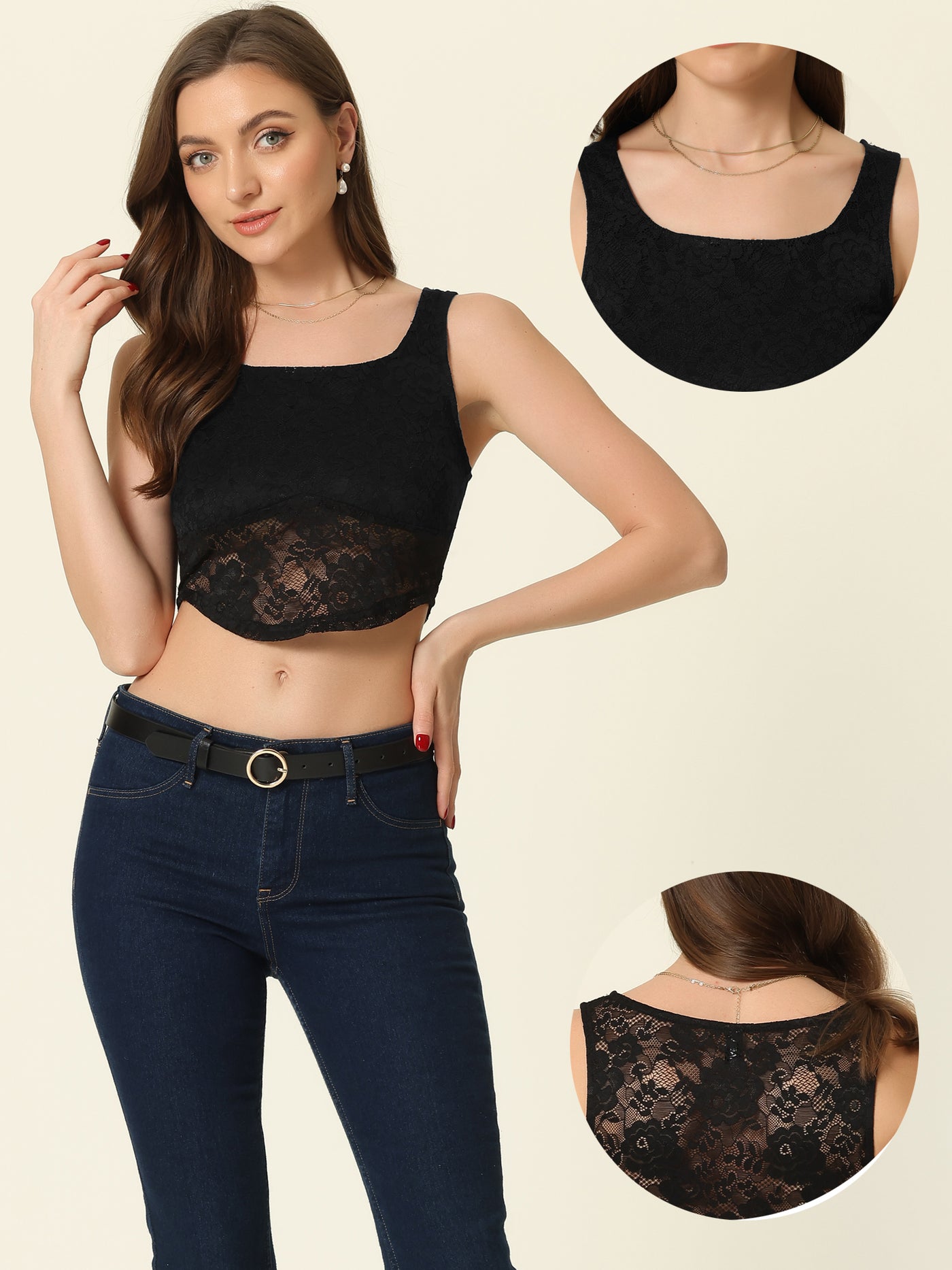 Allegra K Floral Lace Crop Top for Women's Sleeveless Semi Sheer Sexy Tank Tops