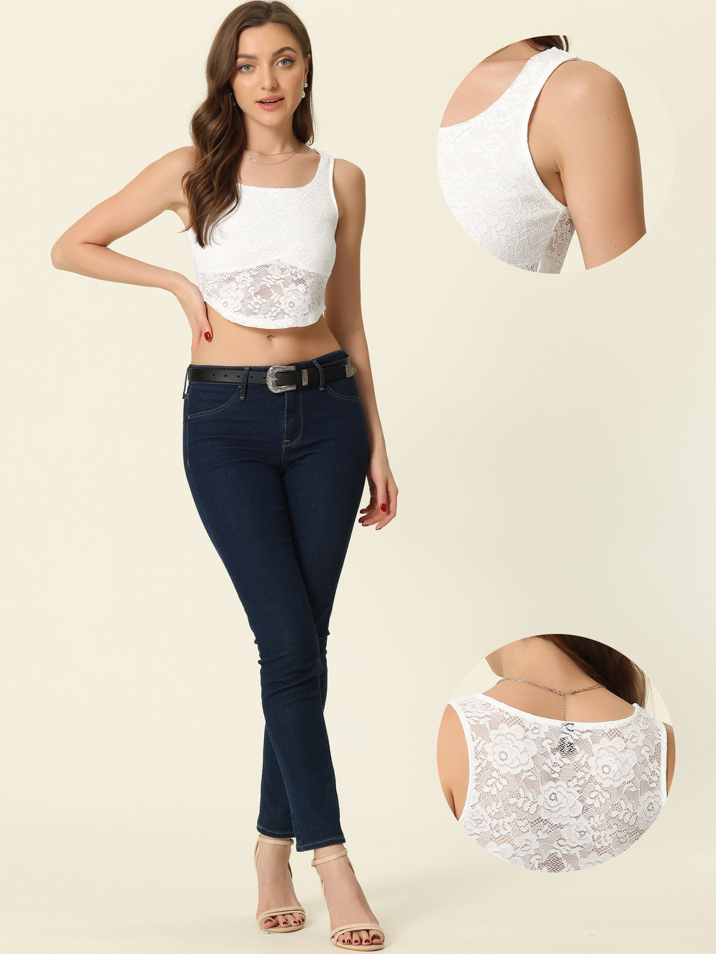 Allegra K Floral Lace Crop Top for Women's Sleeveless Semi Sheer Sexy Tank Tops