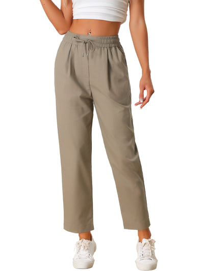 Casual Linen Drawstring Elastic Waist Pocketed Tapered Pants