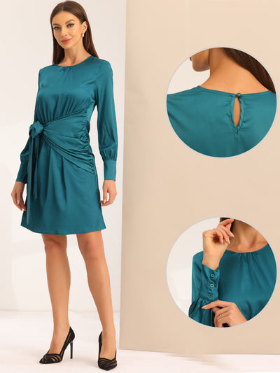 Tie Waist Satin Long Sleeve Ruched Round Neck Cocktail Party Dress