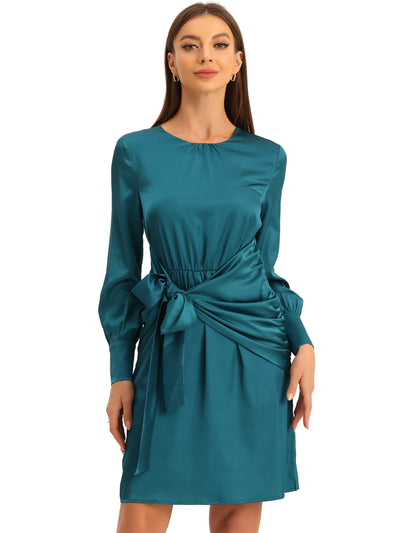 Tie Waist Satin Long Sleeve Ruched Round Neck Cocktail Party Dress