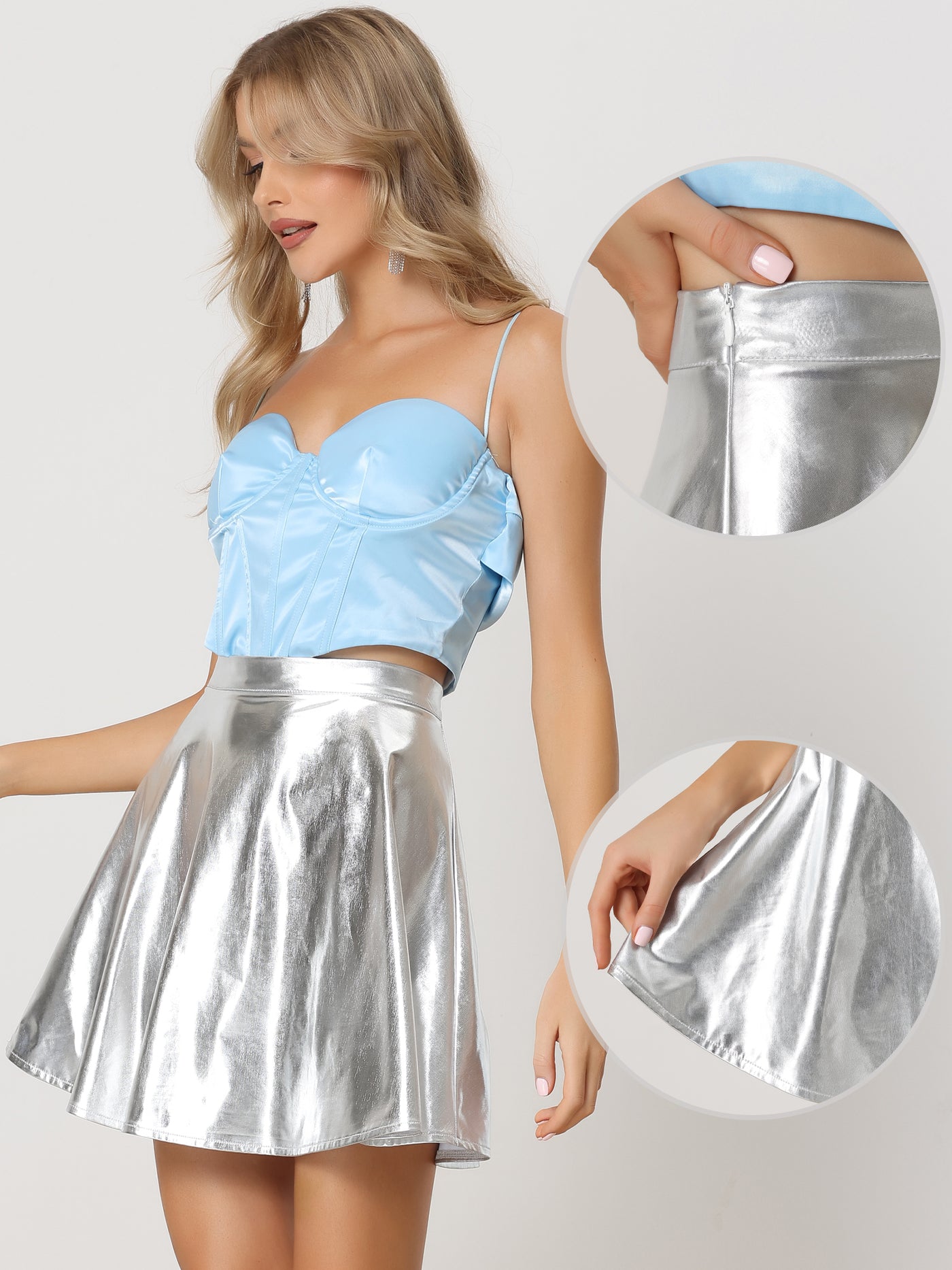 Allegra K Metallic High Waist Party A-Line Holographic Mini Skirt