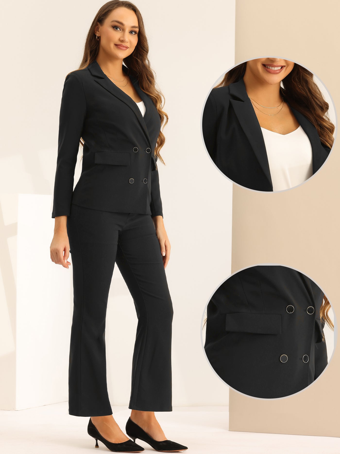 Allegra K 2 Pieces Notched Lapel Blazer and Long Pants Business Work Suit Set