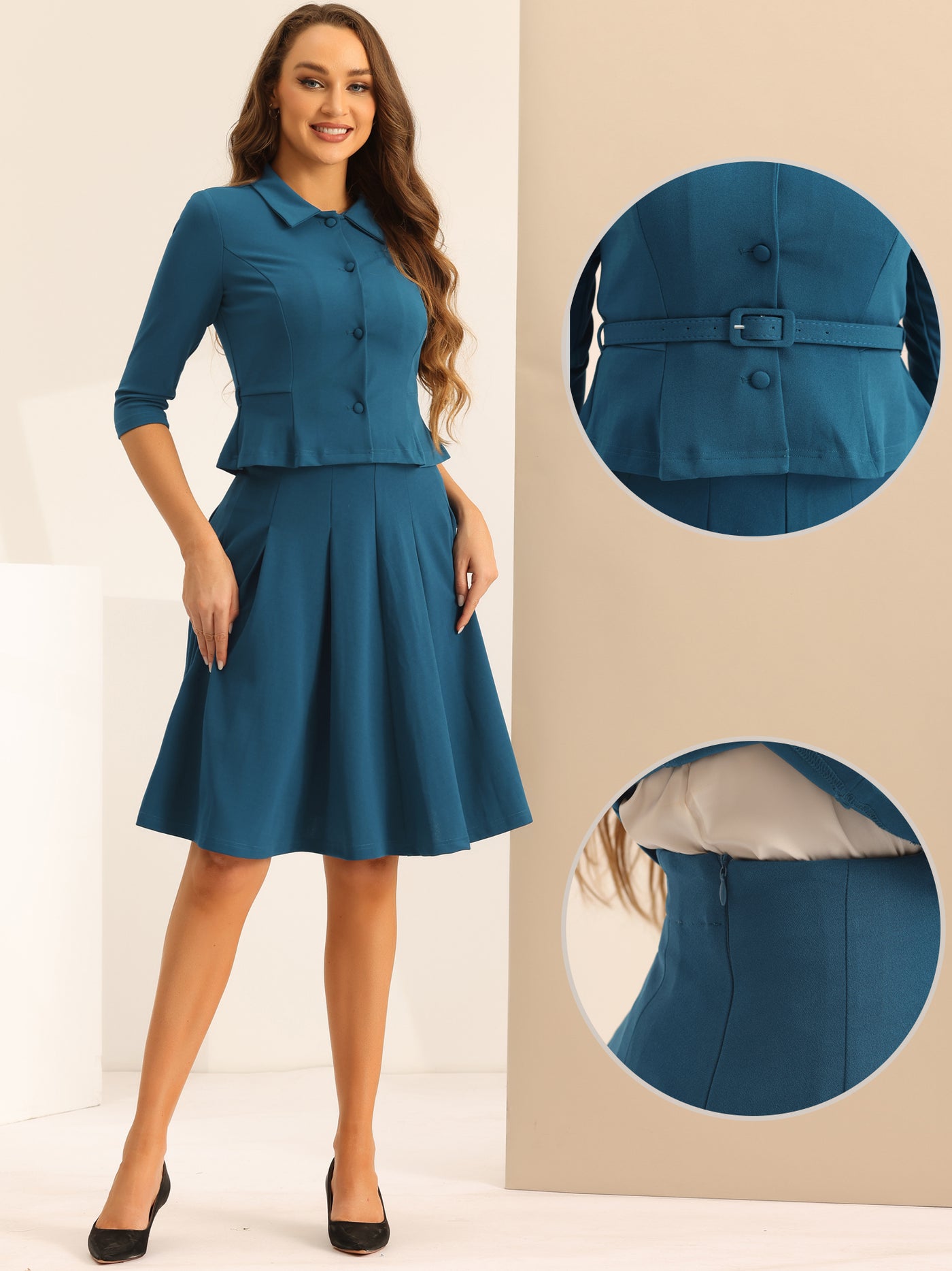 Allegra K 2 Piece 3/4 Sleeve Cropped Belted Blazer and Pleated Skirt Business Suit Sets