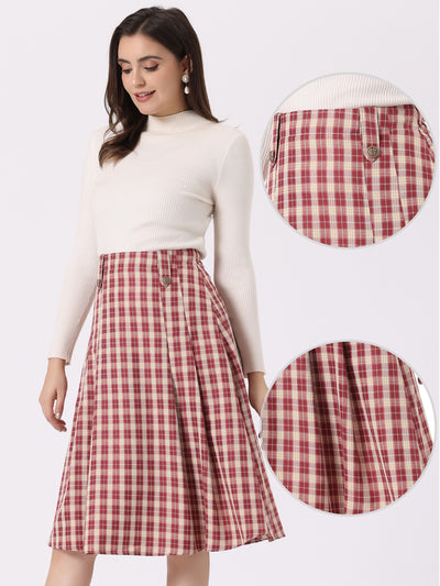 Vintage Plaid Skirts for Women's High Waist Pleated A-Line Midi Skirt