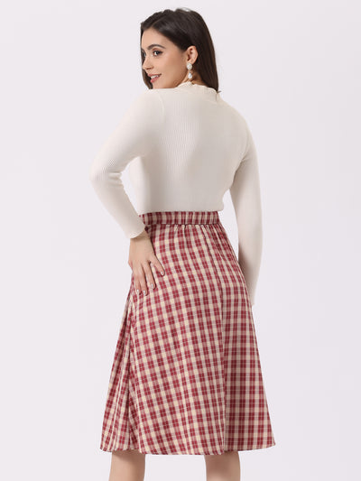 Vintage Plaid Skirts for Women's High Waist Pleated A-Line Midi Skirt