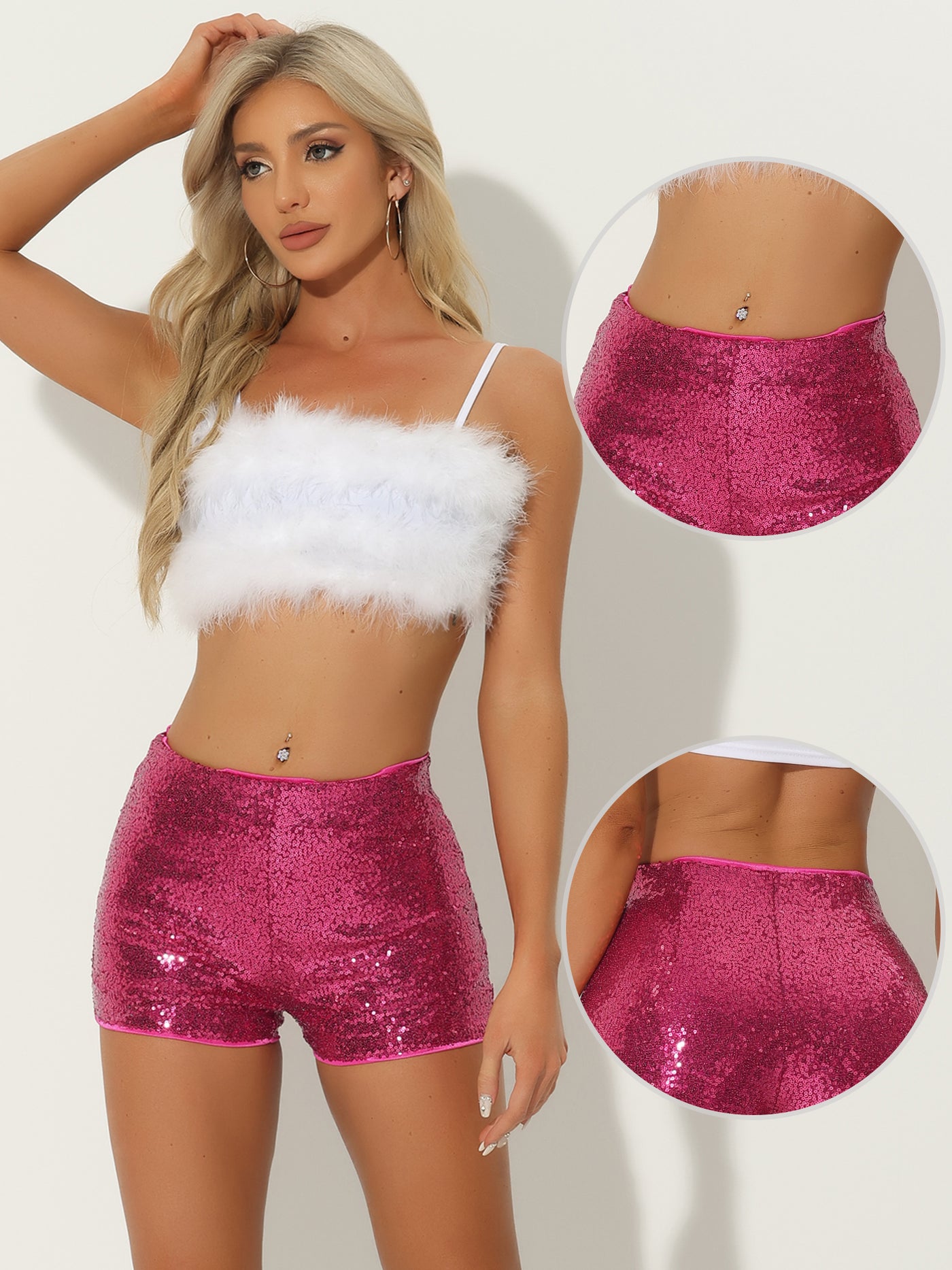 Allegra K Sequin Midrise Solid Sparkle Cocktail Zipper Elastic Waist Shorts