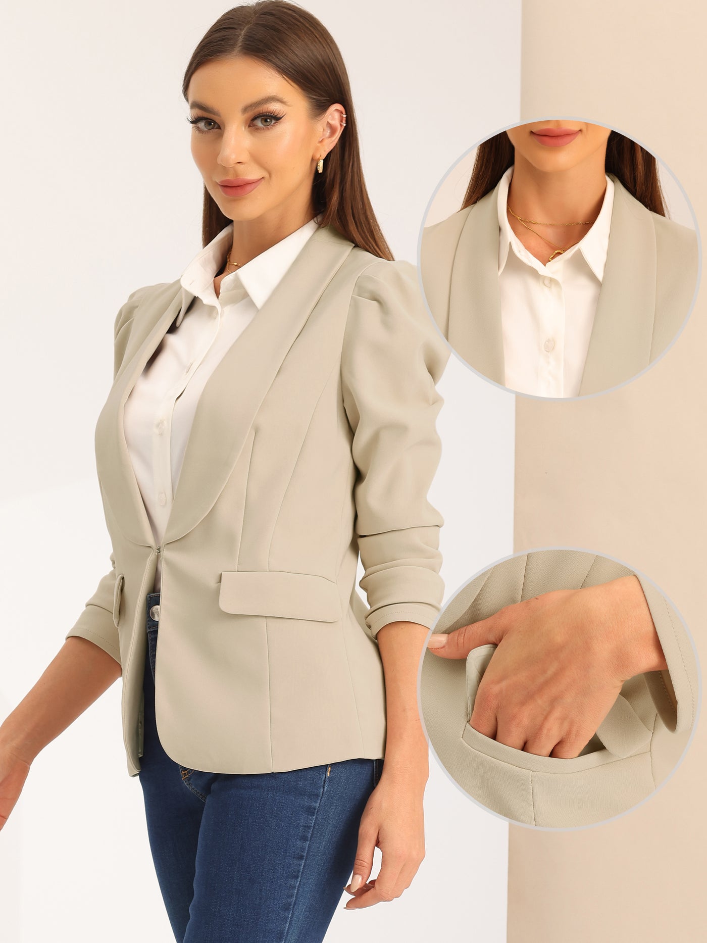 Allegra K Work Office Casual Open Front Puff Sleeve Suit Blazer