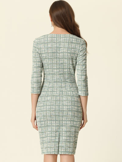 Elegant Square Neck 3/4 Sleeve Plaid Tweed Bodycon Dress