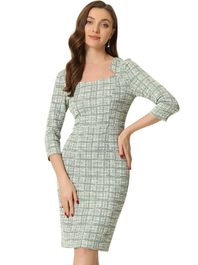Elegant Square Neck 3/4 Sleeve Plaid Tweed Bodycon Dress