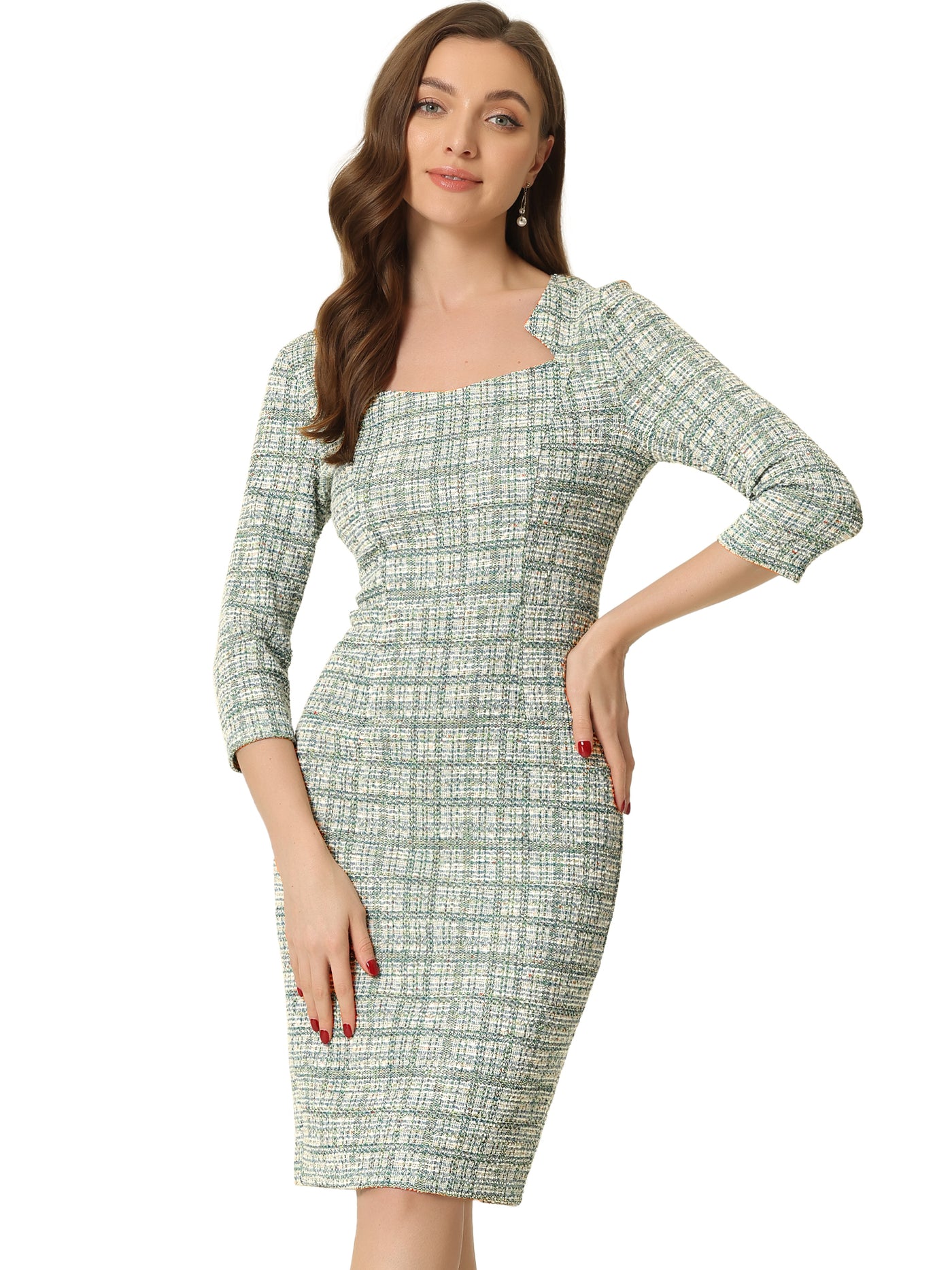 Allegra K Elegant Square Neck 3/4 Sleeve Plaid Tweed Bodycon Dress