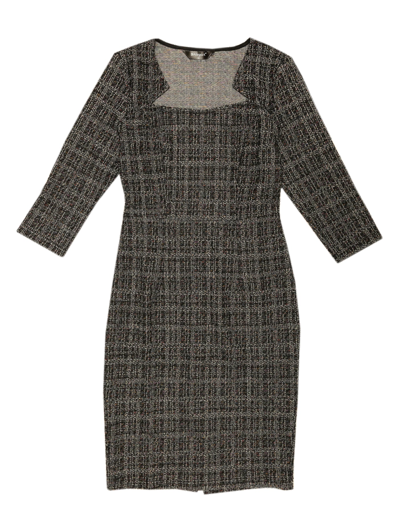 Allegra K Elegant Square Neck 3/4 Sleeve Plaid Tweed Bodycon Dress
