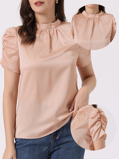 Satin Ruched Short Sleeve Mock Neck Pleated Tie Back Work Blouse