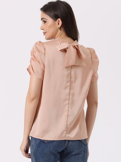 Satin Ruched Short Sleeve Mock Neck Pleated Tie Back Work Blouse