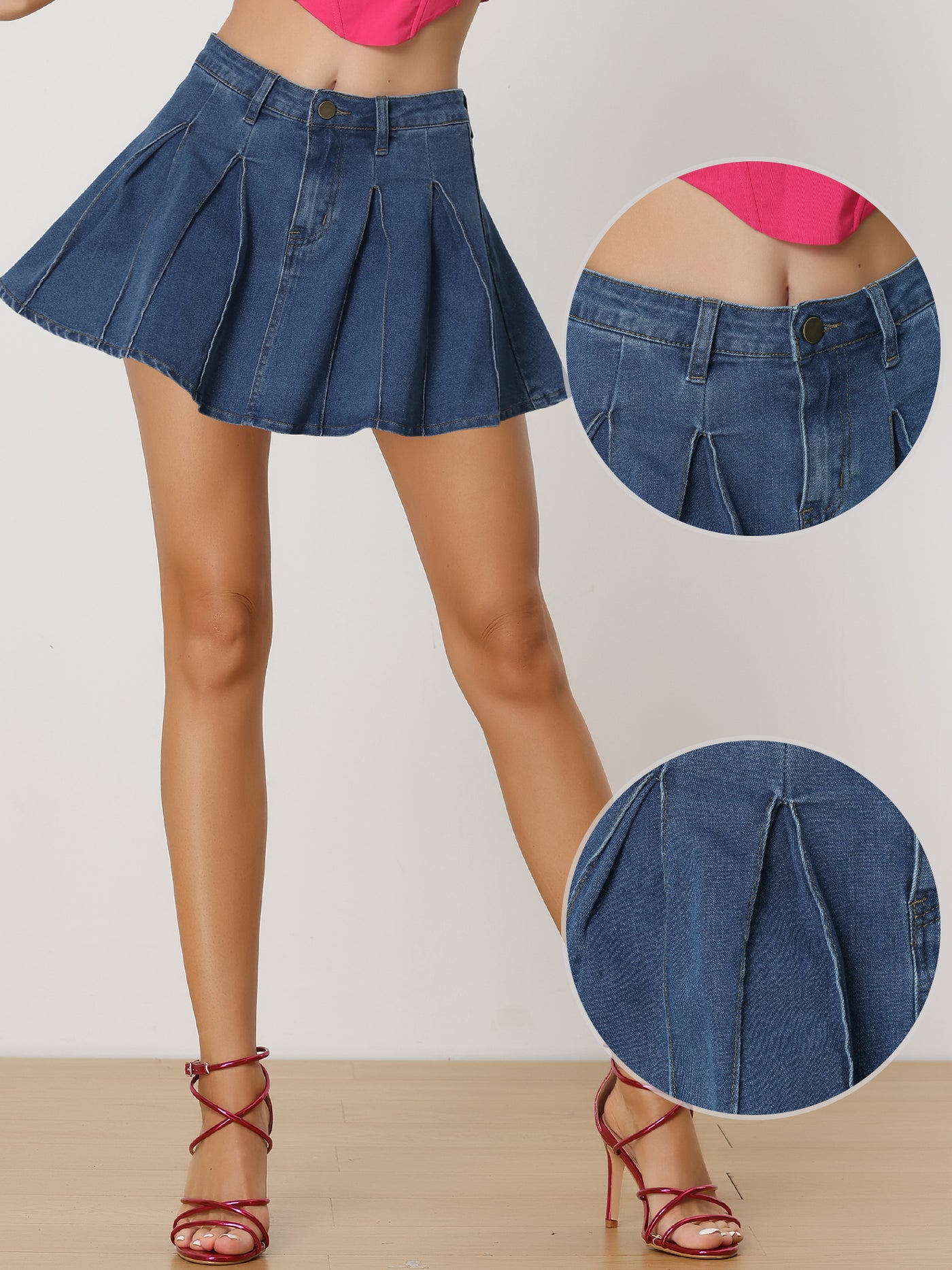 Allegra K Mini A Line Denim Casual Pleated Jean Skirt