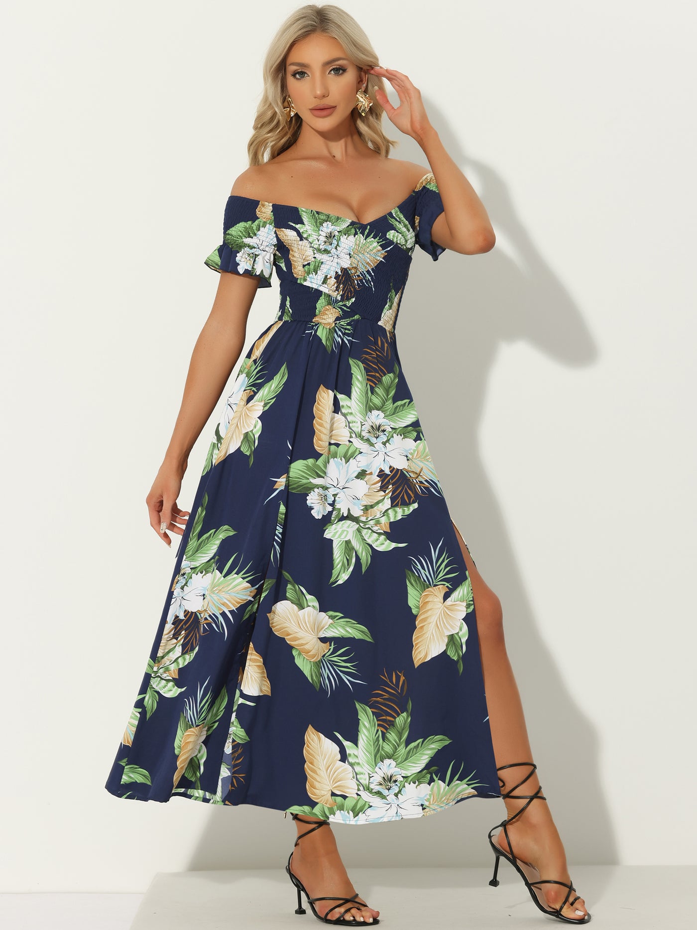 Floral Off Shoulder Midi Beach Summer Vacation Dress, Dark Blue / XS Floral Off Shoulder Midi Beach Summer Vacation Dress, Dark Blue / XS