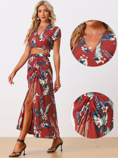 2PCS Tropical Hawaiian Twist Front Top and Ruched Front Maxi Skirt Set