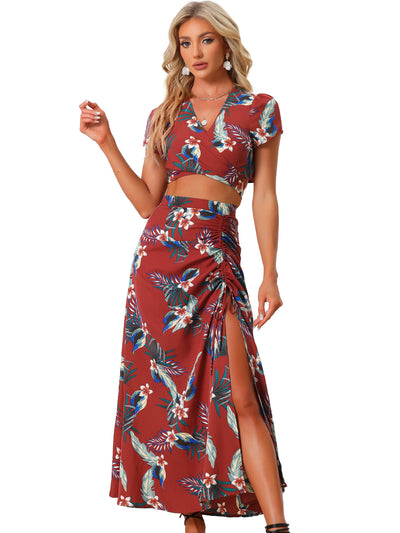2PCS Tropical Hawaiian Twist Front Top and Ruched Front Maxi Skirt Set