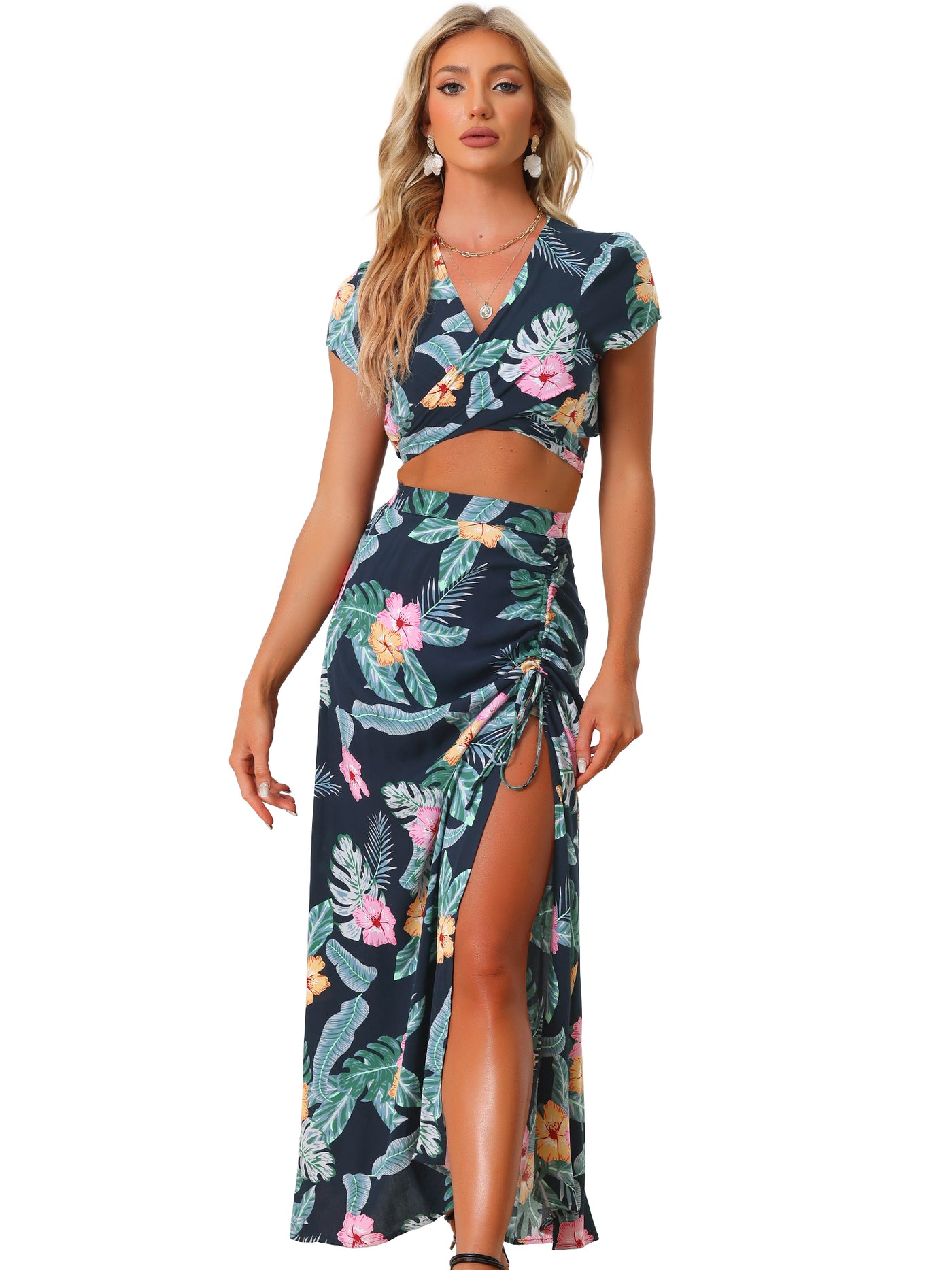 Allegra K 2PCS Tropical Hawaiian Twist Front Top and Ruched Front Maxi Skirt Set