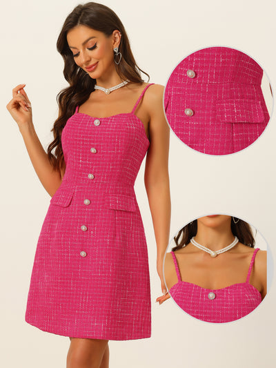 Plaid Dress for Women's Button Decor Spaghetti Strap Tweed Dresses