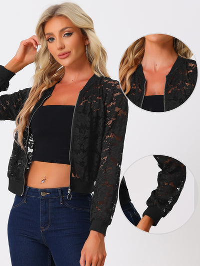 Lace stand Collar Zip Up Mesh Sheer Bomber Jacket